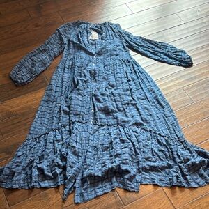 Free People Long Sleeve Blue Checkered Dress